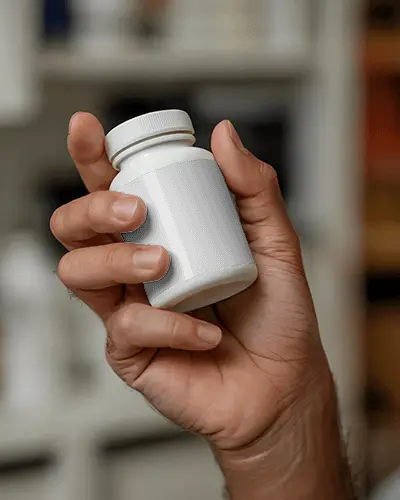 Hand Holding Small Plastic Pill Bottle Mockup Smooth Label Mockup For Healthcare Products