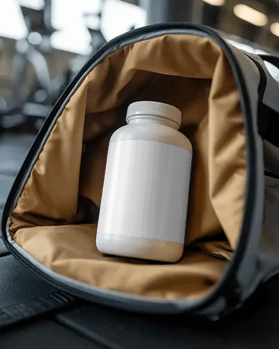 Blank Bottle Mockup Placed Inside Sport Bag For Nutritional Packaging