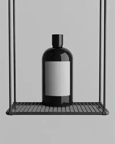 Sleek Black Bottle Mockup On Industrial Hanging Metal Shelf For Product Presentation