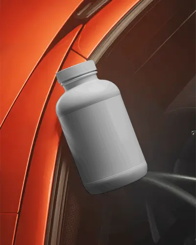 Premium Protein Supplement Container Floating Against Modern Vehicle Window Background Mockup