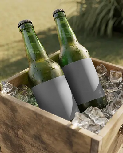 Realistic Glass Beer Bottle Mockup In Wooden Box With Cool Ice Cubes