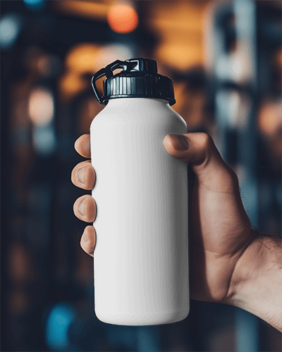 Realistic Hand Holding Bottle Mockup With Vibrant Minimalist Artistic Design And Black Sporty Lid In Gym Ambience