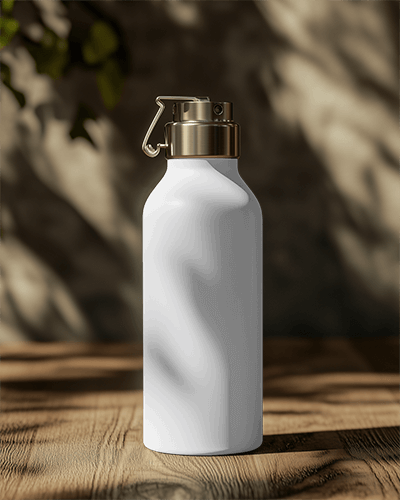 Stylish Outdoor Bottle Mockup With Unique Graphic Design And Sleek Metallic Top In Sunlit Ambience