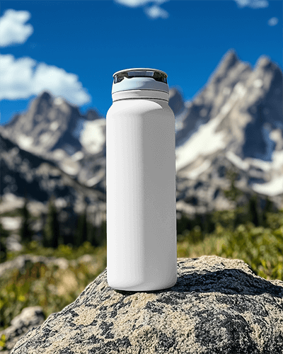 Outdoor Travel Bottle Mockup With Retro Beach Theme And Stunning High Altitude Landscape