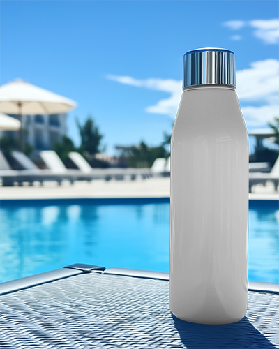Rendy Stainless Steel Bottle Mockup With Bold Smiley Graphic On Resort Poolside Setting And Luxury Vacation Mood