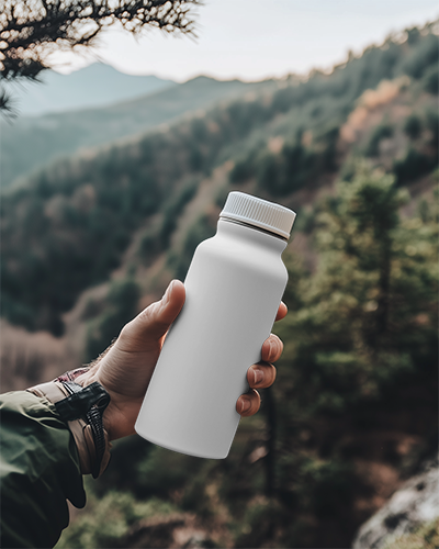 Handheld Bottle Mockup With Stylish Gradient Design In Scenic Nature Setting Perfect For Hiking Brands