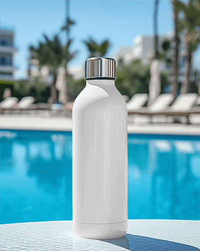 White Insulated Water Bottle Mockup Against Tropical Pool Background In Bright Sunlight