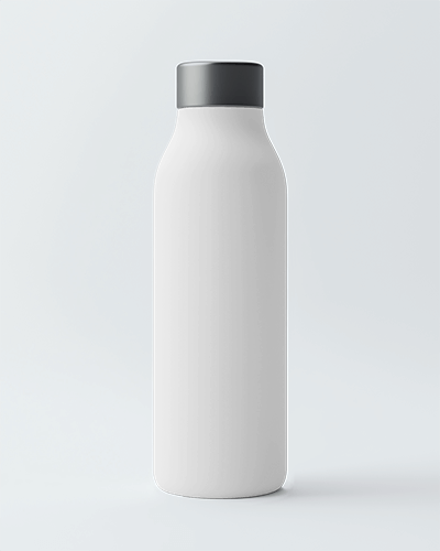 Customizable Plastic Bottle Mockup Featuring Blue And Beige Color Scheme With Bold Typography And Stylish Patterns