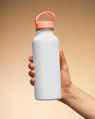 Hand Holding White Plastic Bottle Mockup With Modern Gradient Logo And Pink Handle Cap On Warm Toned Background