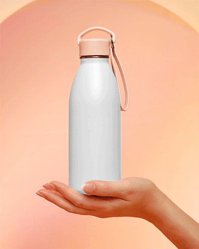 Hand Holding Elegant Plastic Bottle Mockup With Wavy Pattern And Pastel Pink Handle Against Soft Arch Background