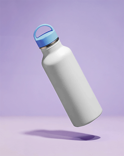 Sport Plastic Water Bottle Mockup With Blue Lid Floating On Soft Purple Background Dynamic Look