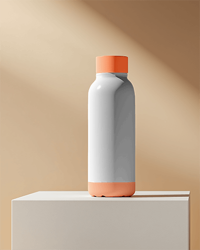 Plastic Water Bottle Mockup Orange Lid On Light Pedestal Sunlit Background Casual Look