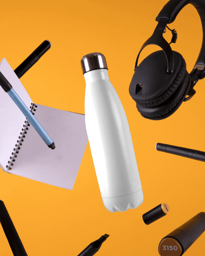 Floating White Bottle Mockup With Orange Background And Assorted Accessories