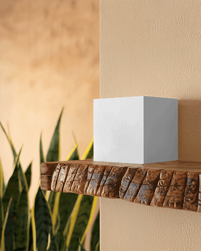 Rustic Wooden Shelf Box Mockup White Cardboard Box On Textured Shelf With Green Snake Plants And Earthy Tones 0122