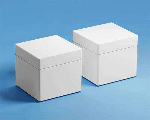 Minimal Clean Box Mockup Two White Square Boxes On Solid Blue Background With Subtle Lighting And Soft Shadows 0124