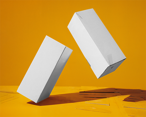 Dynamic Floating Box Mockup Two Rectangular White Boxes Suspended In Midair Against Bold Orange Background With Sharp Lighting And Shadows 0126