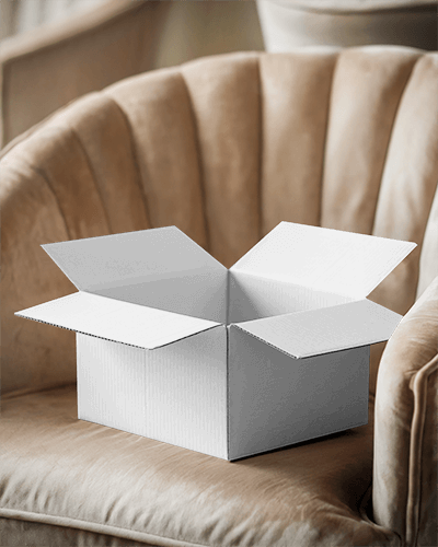 Elegant Open Cardboard Box Mockup On Plush Velvet Chair With Soft Neutral Tones 0168