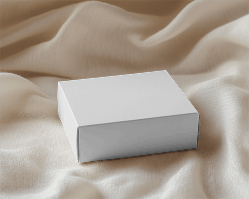Soft Fabric Box Mockup Luxury Packaging On Elegant Cream Textile With Gentle Folds And Warm Lighting 0178