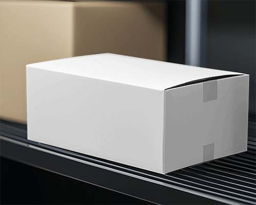 Warehouse Shelf Box Mockup Shipping Packaging On Industrial Rack With Blurred Background And Modern Logistics Theme 0179