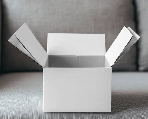 Cozy Interior Open Box Mockup Packaging On Soft Fabric Couch Neutral Tones Minimalist And Elegant Presentation 0180