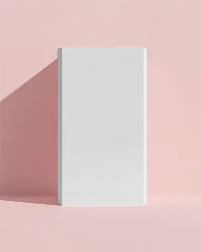 Vertical Tall Product Box Mockup Against Soft Pink Background With Long Shadow And Front Facing Branding
