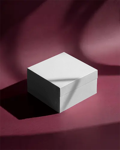Minimal Elegant Square Box Mockup On Maroon Background With Dramatic Shadows And Clean Branding Space