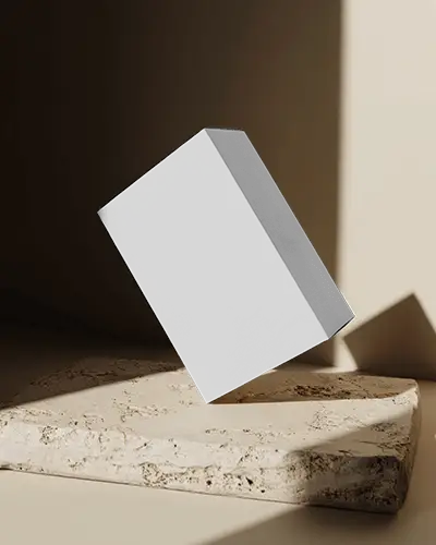 Floating Vertical Box Above Rough Stone Slab Moody Tones And Natural Materials Product Showcase