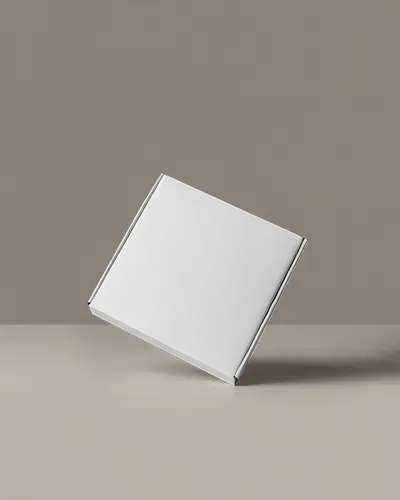 Square Mailer Box Hovering On Neutral Background Subtle Shadow Studio Light Package Presentation