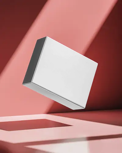 Premium Box Mockup Floating On Rosy Red Background With Soft Light And Shadow