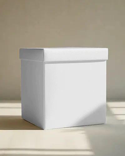 Square Lid Box Mockup Standing On Soft Beige Floor Gentle Daylight Shadows