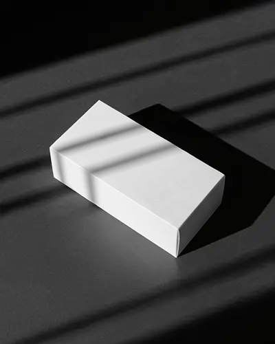 Minimal Box Mockup On Dark Surface With Sharp Light Stripes And Strong Contrast
