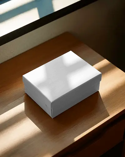 Closed Box Mockup On Wooden Surface With Window Shadow Fall Natural Light