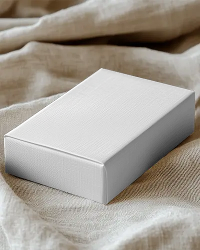 Textured Box Mockup On Linen Fabric Soft Lighting Premium Packaging Display