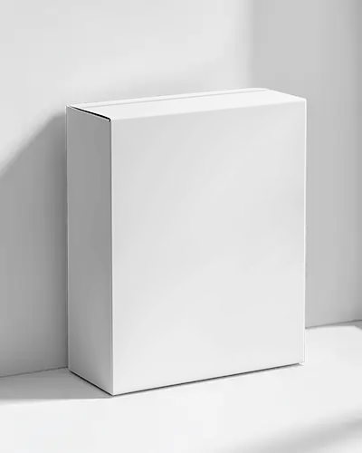 Standing Box Mockup Against White Wall Clean Minimal Retail Packaging