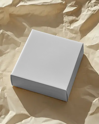 Square Box Mockup On Crumpled Paper Top View Soft Shadows Modern Packaging