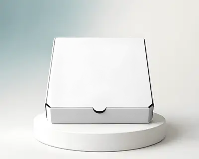 Front Facing Pizza Box Mockup On White Podium Modern Packaging Display Light Gradient Bg