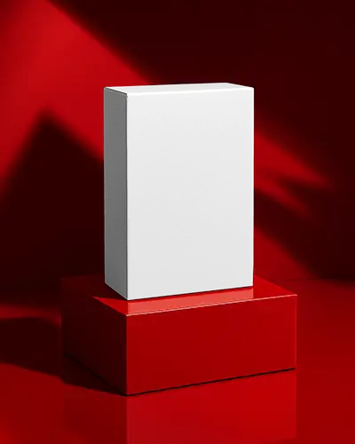 Standing Box Mockup On Glossy Red Podium Dramatic Lighting Bold And Premium Packaging Display