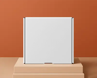 Mailer Box Mockup On Podium With Orange Backdrop Front Facing Product Display Style