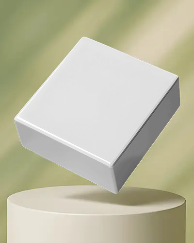 Floating Box Mockup On Soft Beige Pedestal Blurred Green Background Modern Lighting Scene