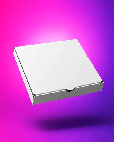 Pizza Box Mockup Hovering On Neon Gradient Background Edgy Vibrant Packaging Template