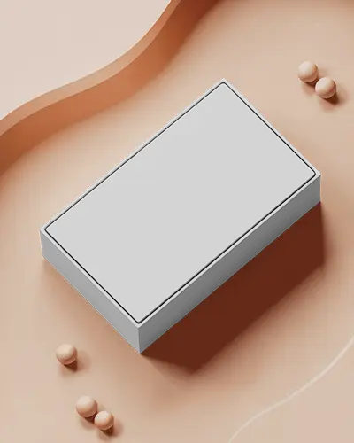 Top View Rectangular Box Mockup On Peach Abstract Background With Spherical Decorative Elements