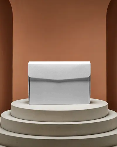 Luxury Envelope Style Box Mockup On Arched Platform Soft Shadowing And Orange Wall Background