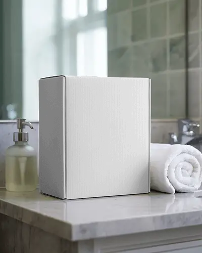 Vertical Box Mockup On Marble Bathroom Counter With Towel And Dispenser Lifestyle Wellness Scene
