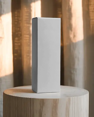 Tall Rectangular Box Mockup On Wooden Podium With Dramatic Curtain Lighting Warm Cozy Interior Vibes