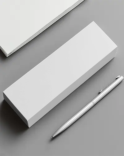 Long Rectangular Pen Box Mockup On Desk With Notebook And Metallic Pen Stationery Product Display