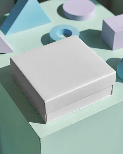 Square Gift Box Mockup On Pastel Green Platform With Geometric Props Modern Creative Scene Layout