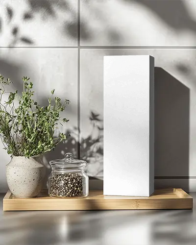 Tall Box Mockup In Kitchen Setting With Plant And Spice Jar Warm Sunlight And Nature Inspired Theme
