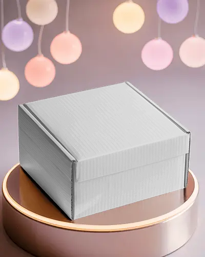 Square Mailer Box Mockup On Glowing Podium With Hanging Colorful Lights Soft Party Themed Setup