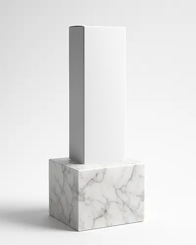 Tall Vertical Box Mockup On White Marble Pedestal Luxury Display Perfect For Cosmetics Or Gifts