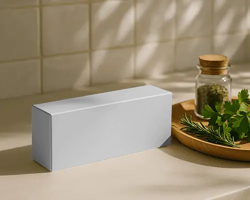 Long Box Mockup On Kitchen Countertop With Herbs And Spices Natural Lighting Lifestyle Scene